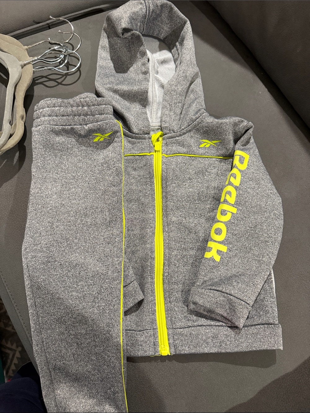 Reebok Gray Hoodie and Joggers with Neon Yellow Accents